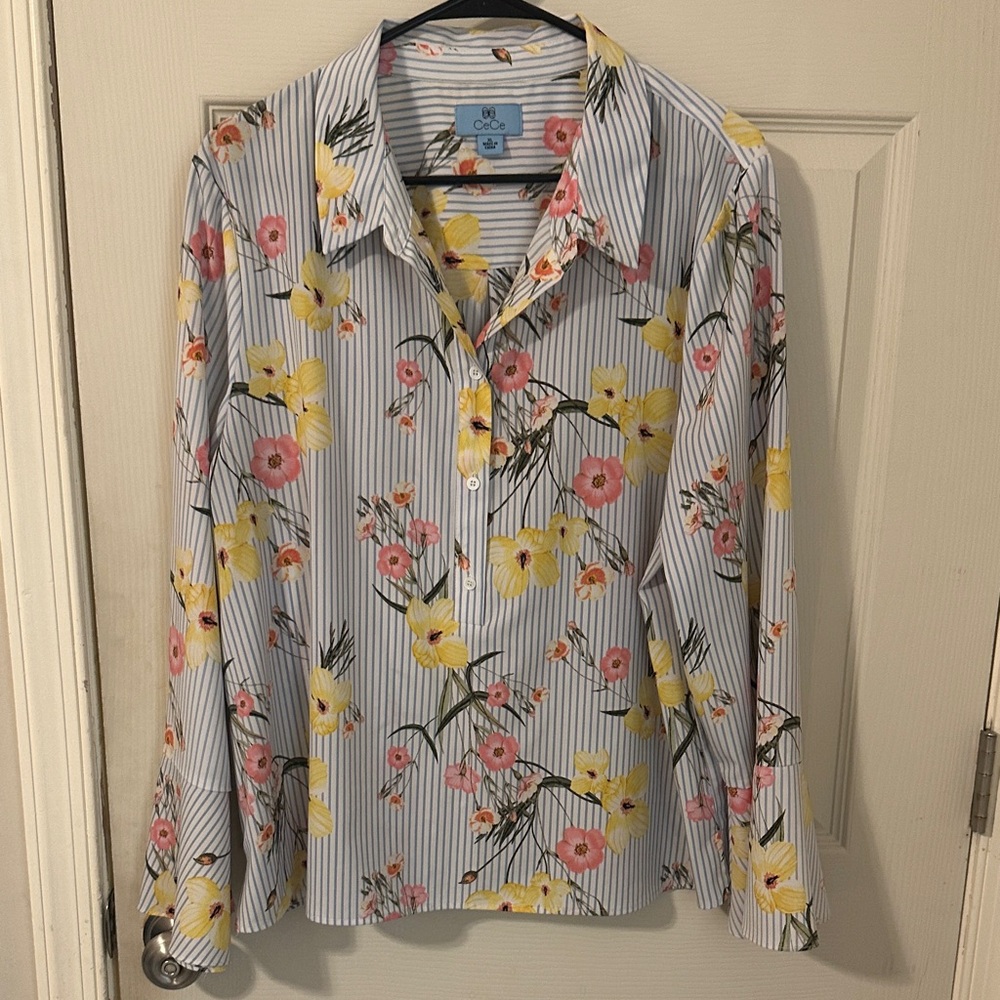 CeCe Floral Striped Blouse - Blue, Yellow, Pink
